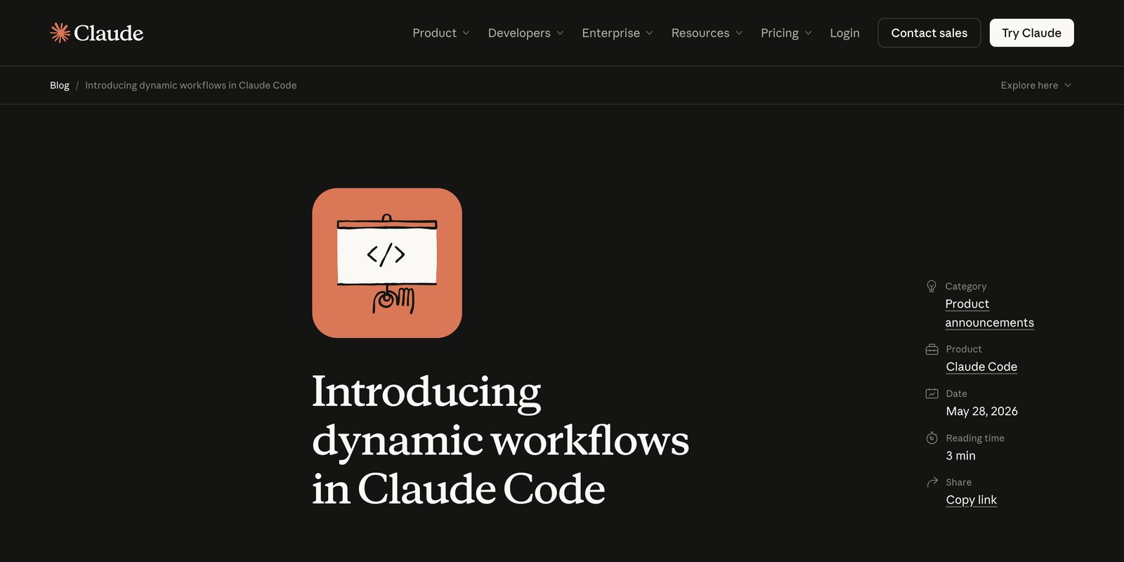 Dynamic workflows announcement on the Claude blog
